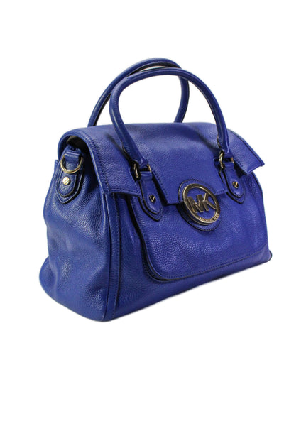 Michael Michael Kors Womens MK Logo Flap Grain Leather Satchel Handbag Blue