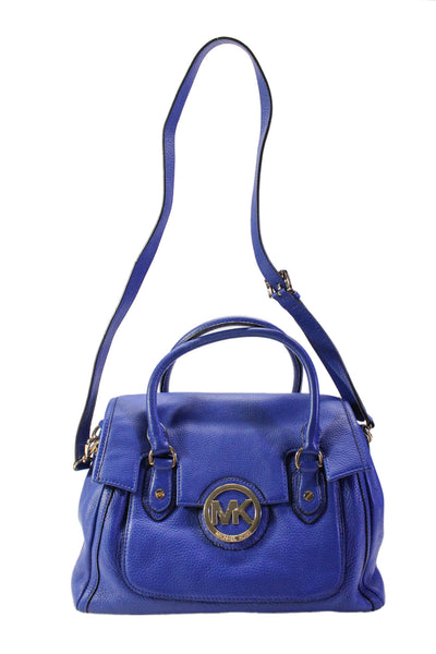 Michael Michael Kors Womens MK Logo Flap Grain Leather Satchel Handbag Blue