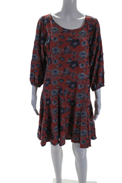 Anthropologie Womens 3/4 Sleeve Scoop Neck Floral Dress Red Blue Size Medium