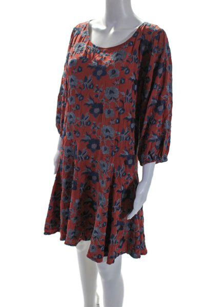 Anthropologie Womens 3/4 Sleeve Scoop Neck Floral Dress Red Blue Size Medium