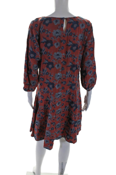 Anthropologie Womens 3/4 Sleeve Scoop Neck Floral Dress Red Blue Size Medium