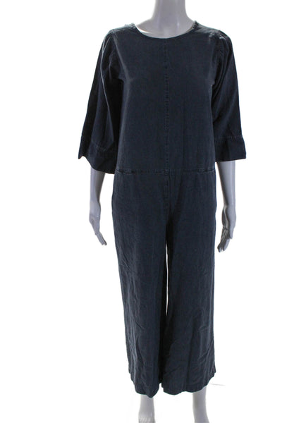 Neuw Womens Back Zip 3/4 Sleeve Scoop Neck Wide Leg Jumpsuit Blue Size Small