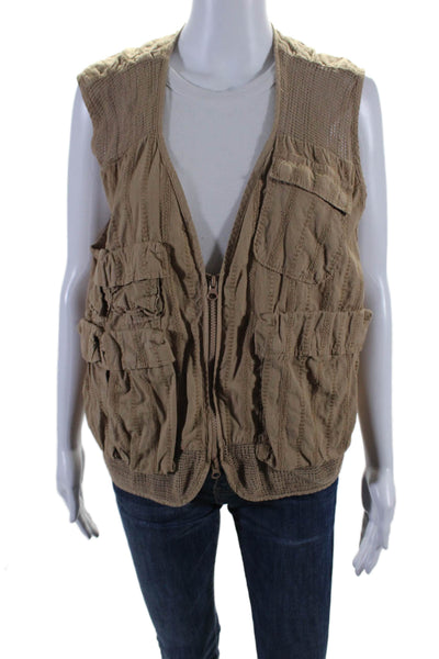 Kith Womens Cotton Embroidered Sheer Panel V-Neck Zip Up Cargo Vest Beige Size M