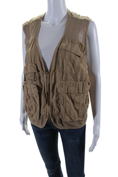 Kith Womens Cotton Embroidered Sheer Panel V-Neck Zip Up Cargo Vest Beige Size M