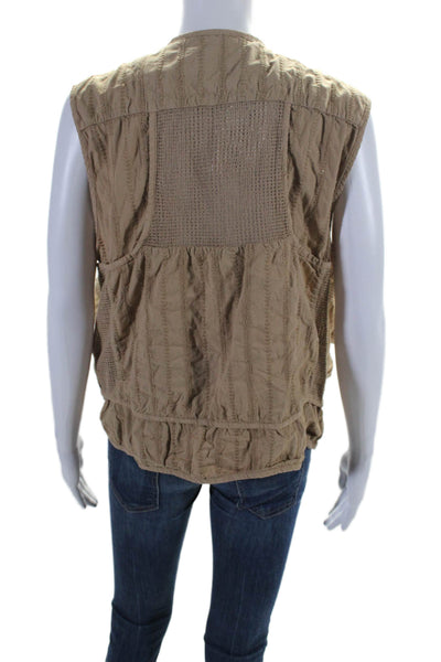 Kith Womens Cotton Embroidered Sheer Panel V-Neck Zip Up Cargo Vest Beige Size M