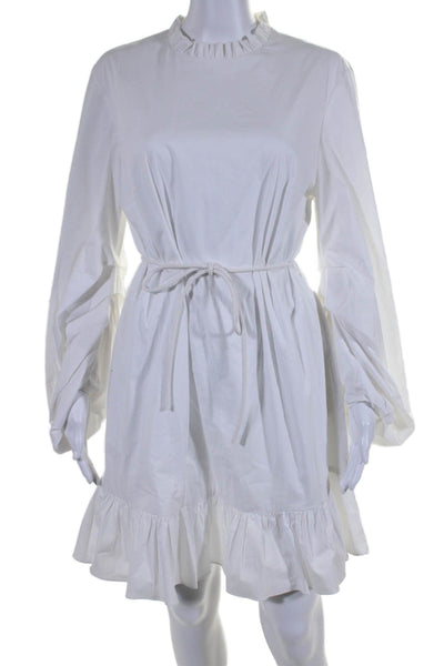 Staud Womens Long Sleeves Belted Ruffled Neck Shirt Dress White Cotton Size 12