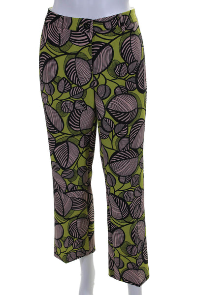 Luisa Cerano Womens Leaf Print High Rise Creased Pants Green Pink Size 8