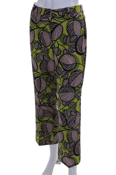 Luisa Cerano Womens Leaf Print High Rise Creased Pants Green Pink Size 8