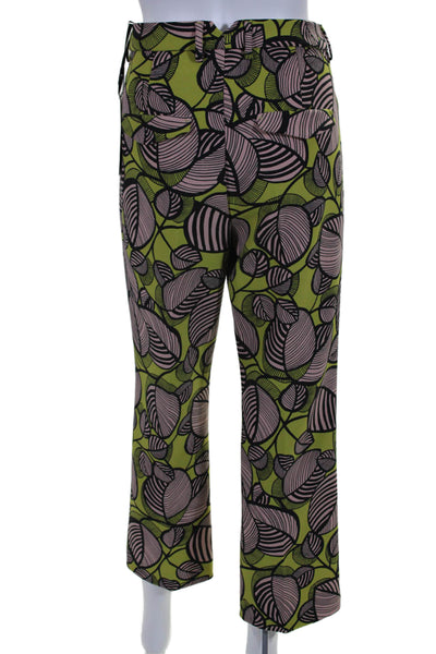 Luisa Cerano Womens Leaf Print High Rise Creased Pants Green Pink Size 8