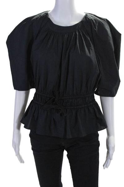 Ulla Johnson Womens Short Sleeves Drawstring Waist Blouse Black Cotton Size 8