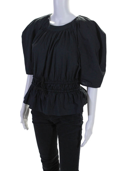 Ulla Johnson Womens Short Sleeves Drawstring Waist Blouse Black Cotton Size 8