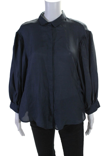 Fabiana Filippi Womens Puffy Sleeves Button Down Blouse Navy Blue Size Small