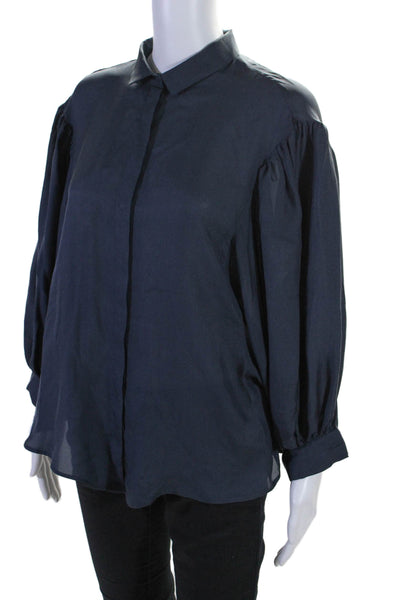 Fabiana Filippi Womens Puffy Sleeves Button Down Blouse Navy Blue Size Small