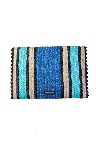 Rebecca Minkoff Womens Raffia Striped Textured Envelope Clutch Handbag Blue