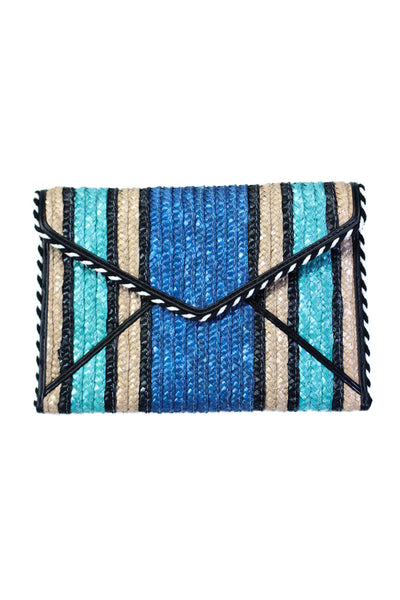 Rebecca Minkoff Womens Raffia Striped Textured Envelope Clutch Handbag Blue