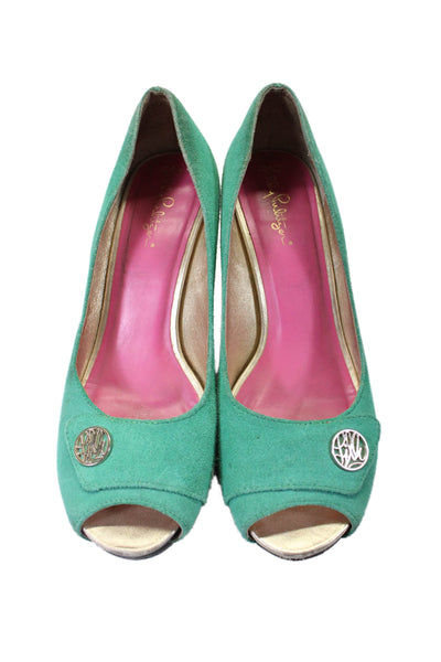 Lilly Pulitzer Womens Green Suede Leather Peep Toe Wedge Heels Shoes Size 8M