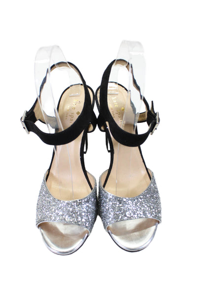 Kate Spade New York Womens Glittery Silver Black Heels Sandals Shoes Size 8.5B