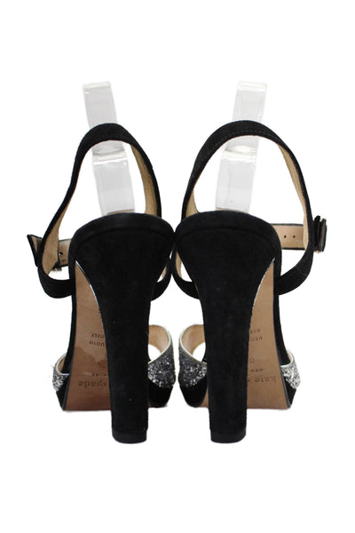 Kate Spade New York Womens Glittery Silver Black Heels Sandals Shoes Size 8.5B