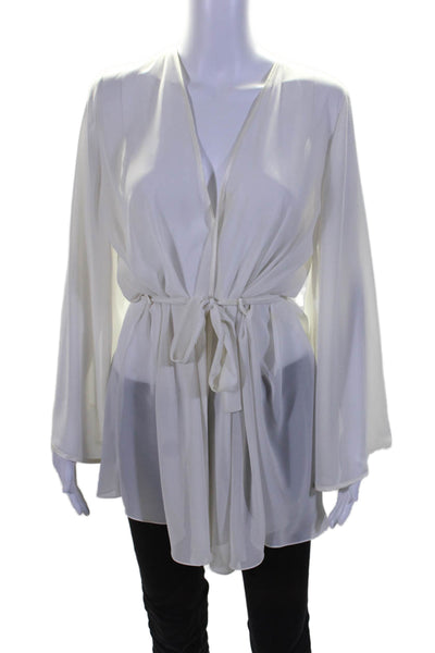 Flora Nikrooz Womens Sheer V Neck Long Sleeve Tie Waist Robe White Size S