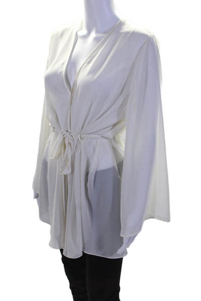 Flora Nikrooz Womens Sheer V Neck Long Sleeve Tie Waist Robe White Size S