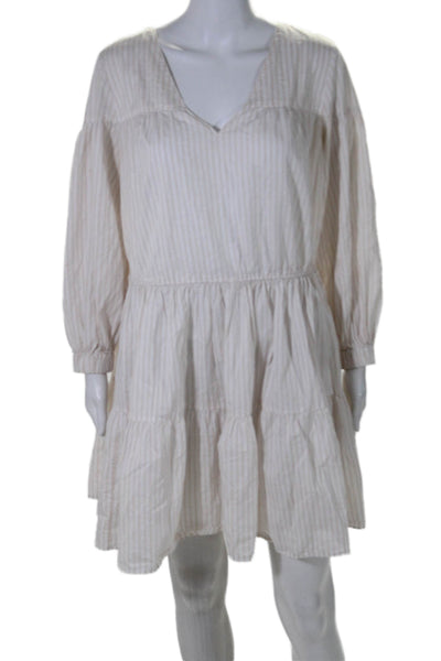 Witchery Womens Long Sleeve V Neck Striped Mini Dress White Beige Cotton Size 10