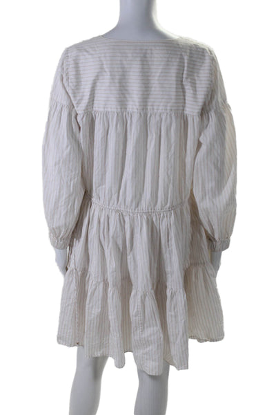 Witchery Womens Long Sleeve V Neck Striped Mini Dress White Beige Cotton Size 10