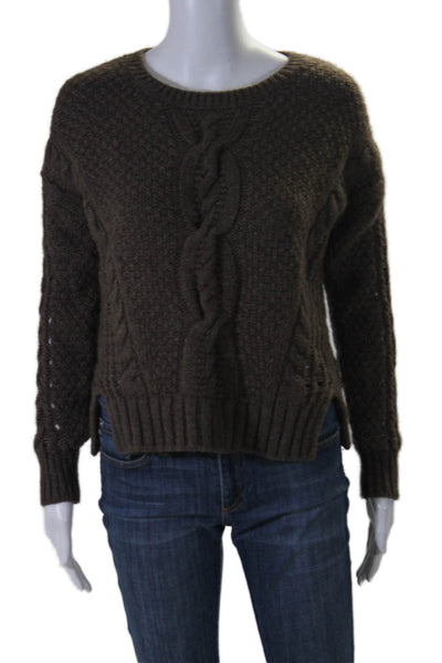 Vince Womens Crochet Cable Knit Crew Neck Sweater Brown Wool Size Small