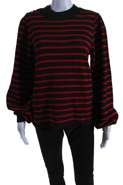 Ganni Womens Wool Striped Print Knit Long Sleeve Pullover Sweater Black Size L