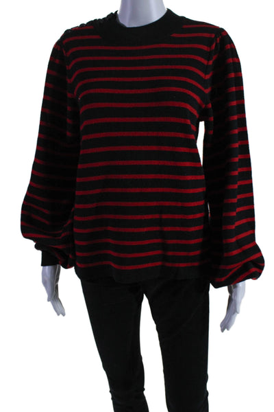 Ganni Womens Wool Striped Print Knit Long Sleeve Pullover Sweater Black Size L