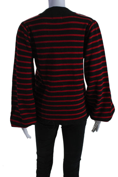 Ganni Womens Wool Striped Print Knit Long Sleeve Pullover Sweater Black Size L