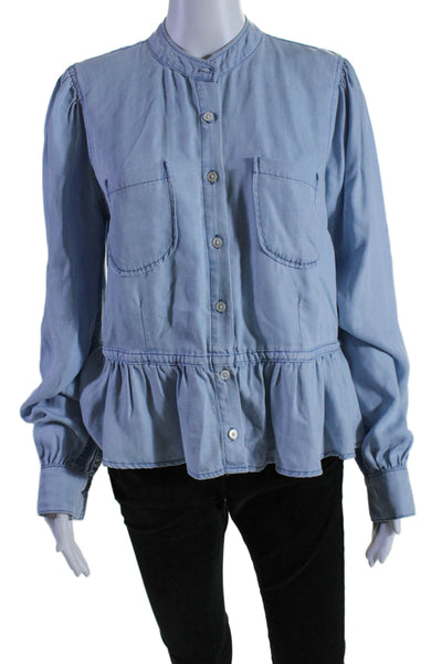 Frame Womens Round Neck Long Sleeve Ruffled Hem Buttoned Blouse Blue Size L