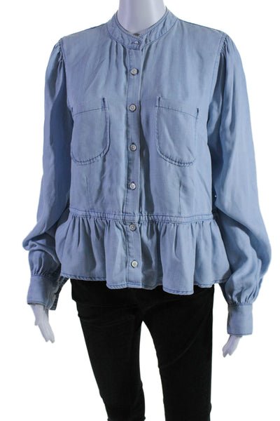 Frame Womens Round Neck Long Sleeve Ruffled Hem Buttoned Blouse Blue Size L