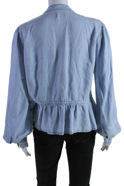 Frame Womens Round Neck Long Sleeve Ruffled Hem Buttoned Blouse Blue Size L