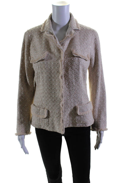 Lida Baday Womens Cotton Blend Beige Textured Sequins Long Sleeve Blazer Size 12