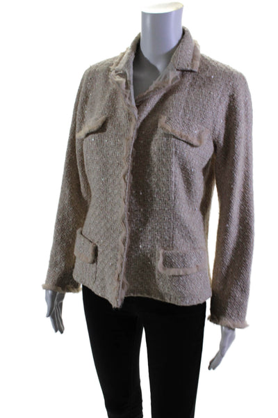 Lida Baday Womens Cotton Blend Beige Textured Sequins Long Sleeve Blazer Size 12