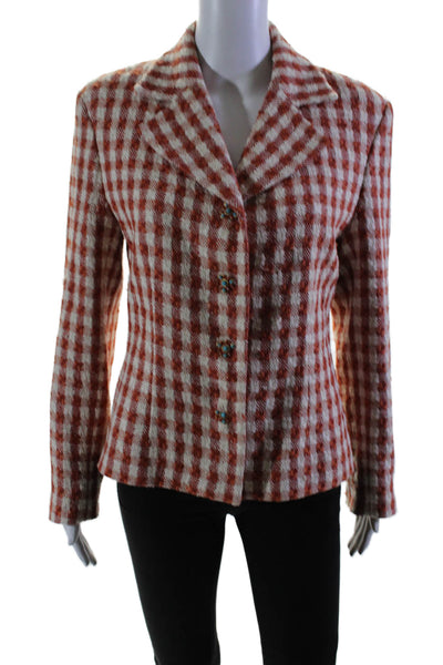 Paule Vasseur Womens Silk Orange Textured Plaid Long Sleeve Jacket Size 42