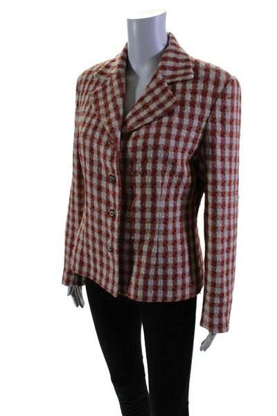 Paule Vasseur Womens Silk Orange Textured Plaid Long Sleeve Jacket Size 42