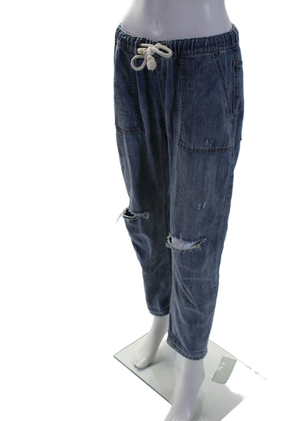 One Teaspoon Womens High Rise Drawstring Denim Straight Leg Pants Blue Medium