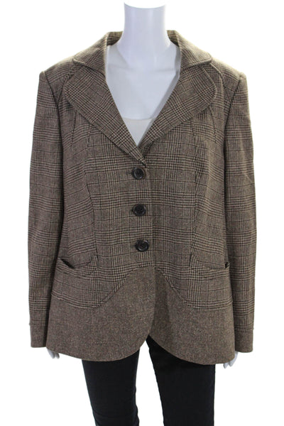 Rena Lange Womens Plaid Button Down Long Sleeves Jacket Brown Wool Size 16