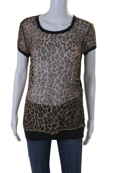 D&G Dolce & Gabbana Womens Ribbed Trim Metallic Animal Print Blouse Brown Size L