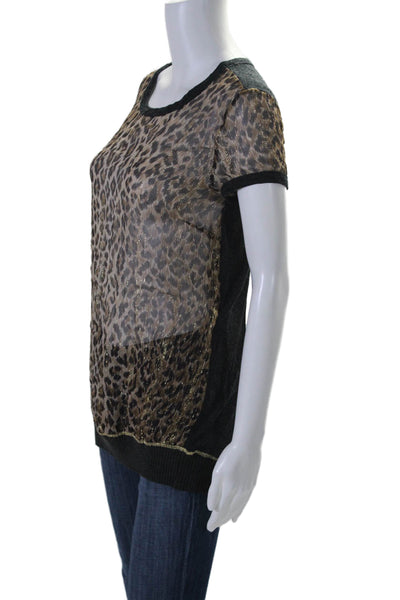 D&G Dolce & Gabbana Womens Ribbed Trim Metallic Animal Print Blouse Brown Size L