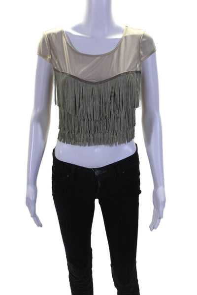 Millau Womens Beige Fringe Detail Scoop Neck Short Sleeve Crop Top Size S