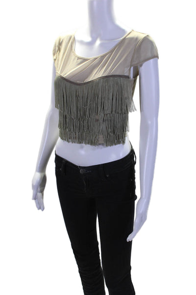 Millau Womens Beige Fringe Detail Scoop Neck Short Sleeve Crop Top Size S