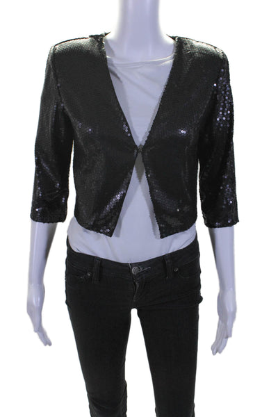 Millau Womens Black Cotton Sequins V-Neck 3/4 Sleeve Jacket Size XS