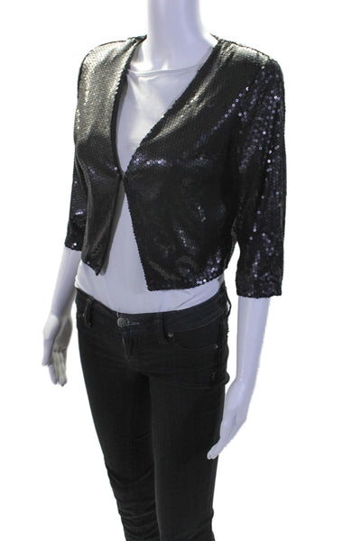 Millau Womens Black Cotton Sequins V-Neck 3/4 Sleeve Jacket Size XS