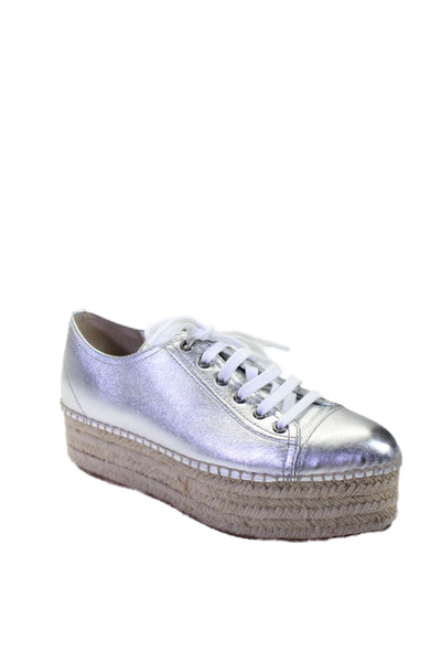 Miu Miu Womens Silver Toe Cap Espadrille Lace Up Platform Sneakers Shoes Size 9