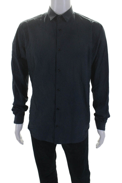 The Kooples Mens Cotton Spotted Collared Long Sleeve Button Up Shirt Navy Size L