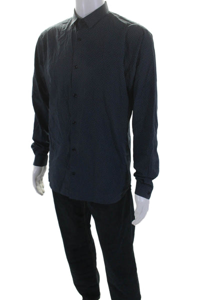 The Kooples Mens Cotton Spotted Collared Long Sleeve Button Up Shirt Navy Size L