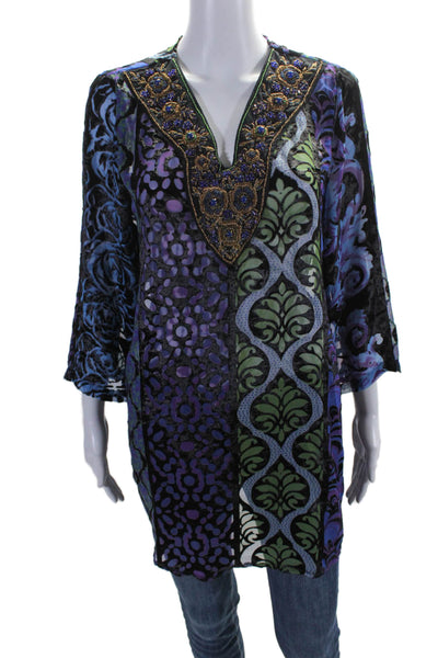 Soft Surroundings Womens Beaded Embroidered 3/4 Sleeves Multicolor Tunic Size M