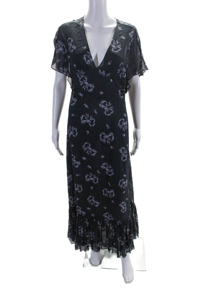 Love Shack Fancy Womens Side Zip Short Sleeve V Neck Midi Dress Navy Size 6